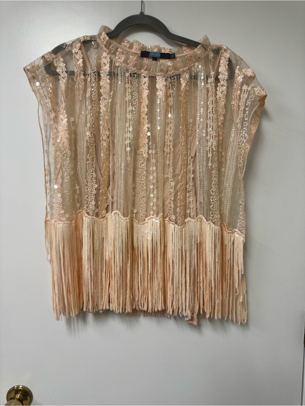 Eva Franco Pale Peach Sequin Fringe Sheer Top